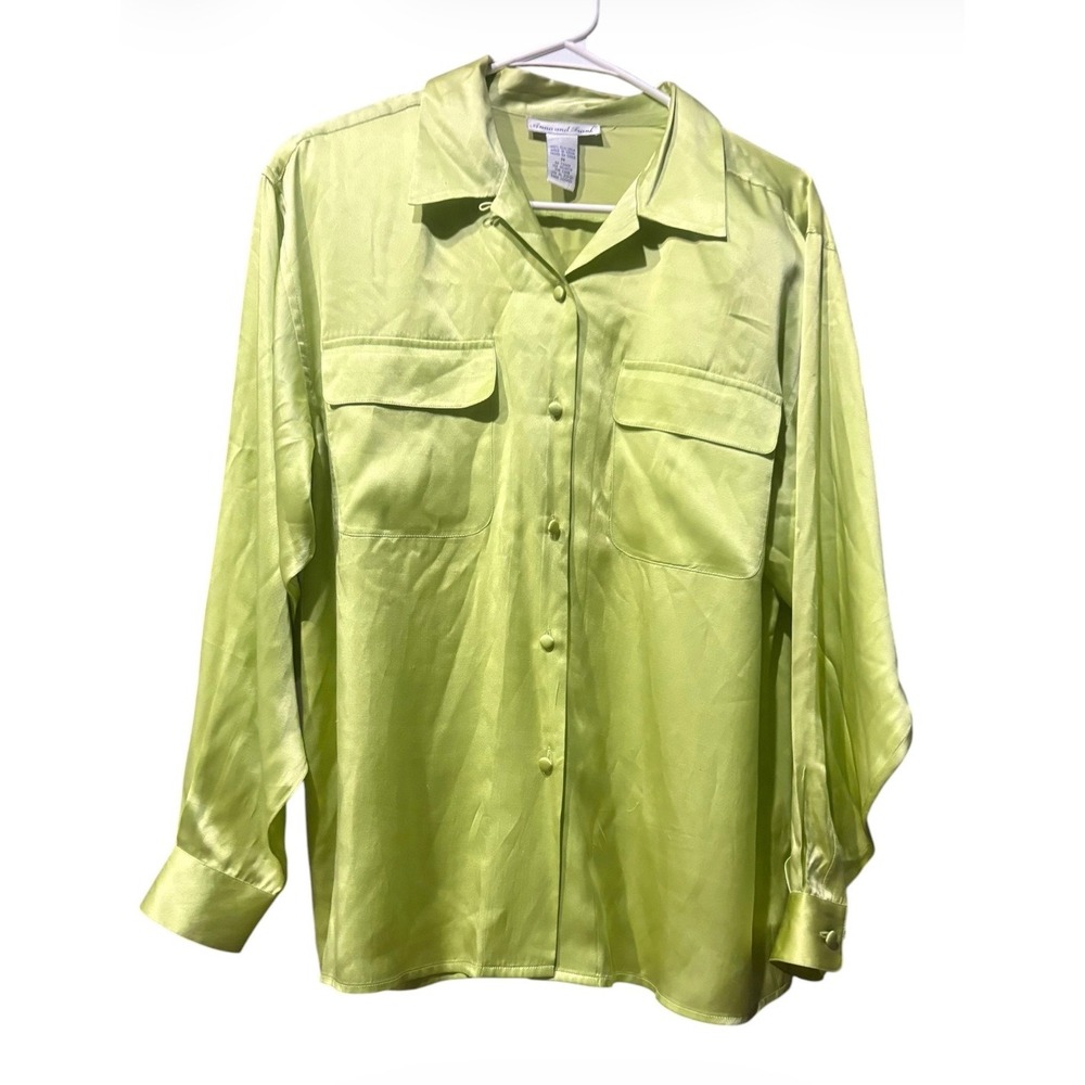 Anna & Frank 100% Silk Lime Green Button Front Utility Blouse Womens M